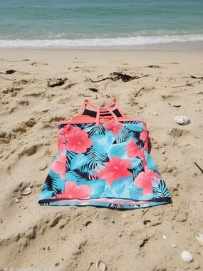 Tropical Floral Tankini Top - Coral & Teal